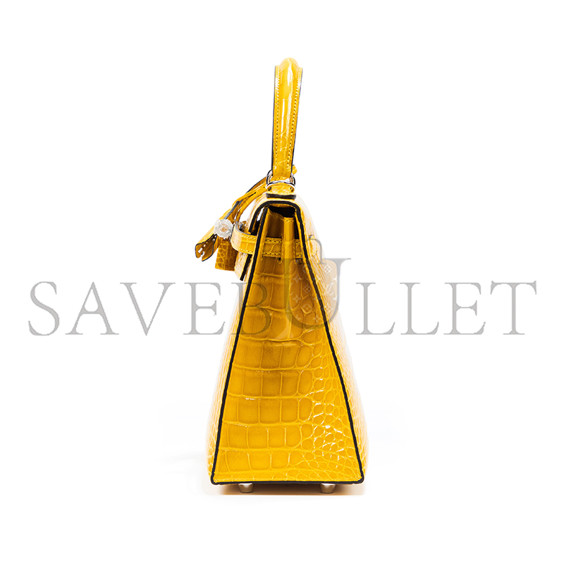 HERMÈS MASTER KELLY 25 NILE CROCODILE LEATHER AMBER YELLOW SILVER BUCKLE (25*17*7cm)